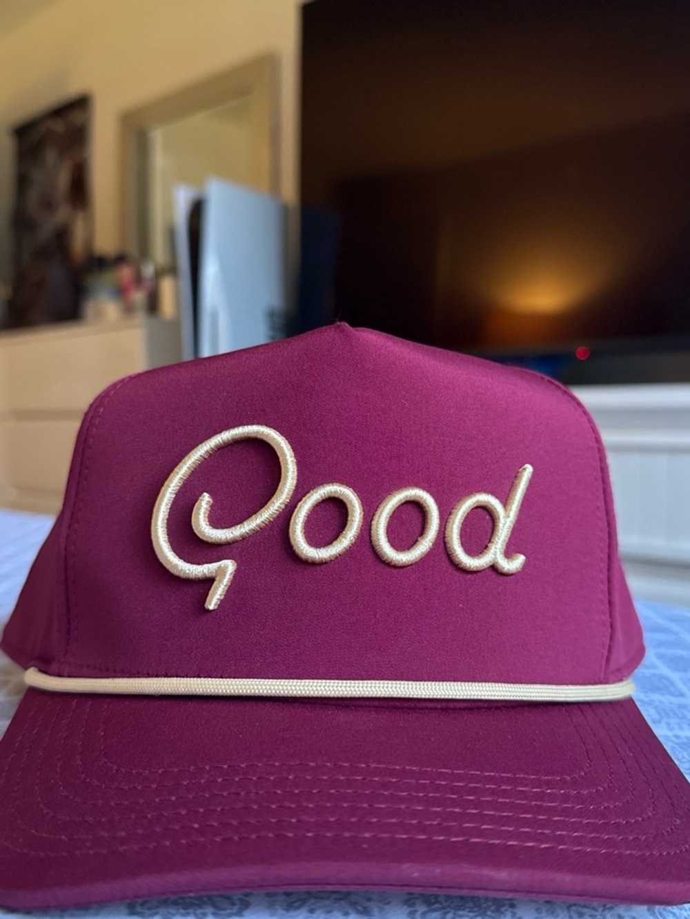 Maroon Script 'Good' Embroidered Cap